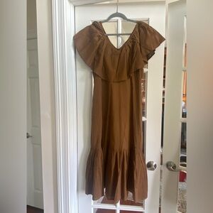 Mille Brown Wrap Midi Dress with Flutter Sleeves